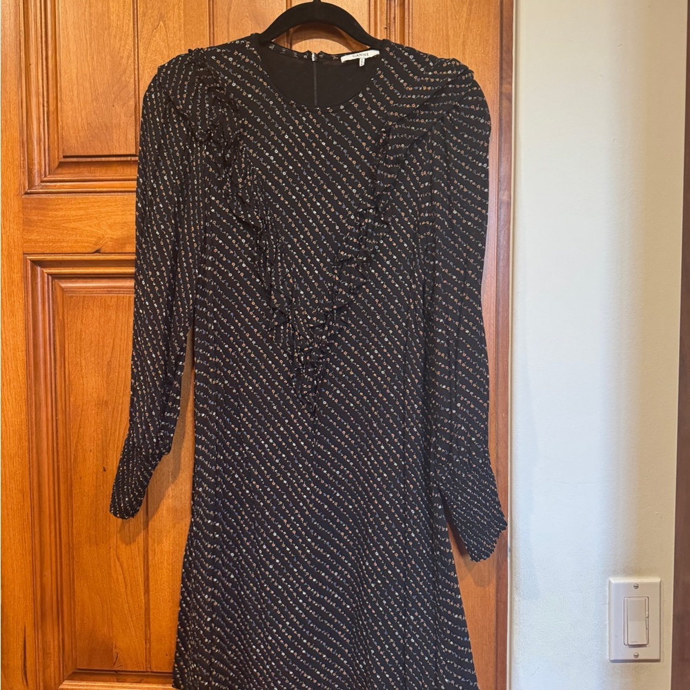 Ganni Black and White Puff Sleeve Sheath Dress